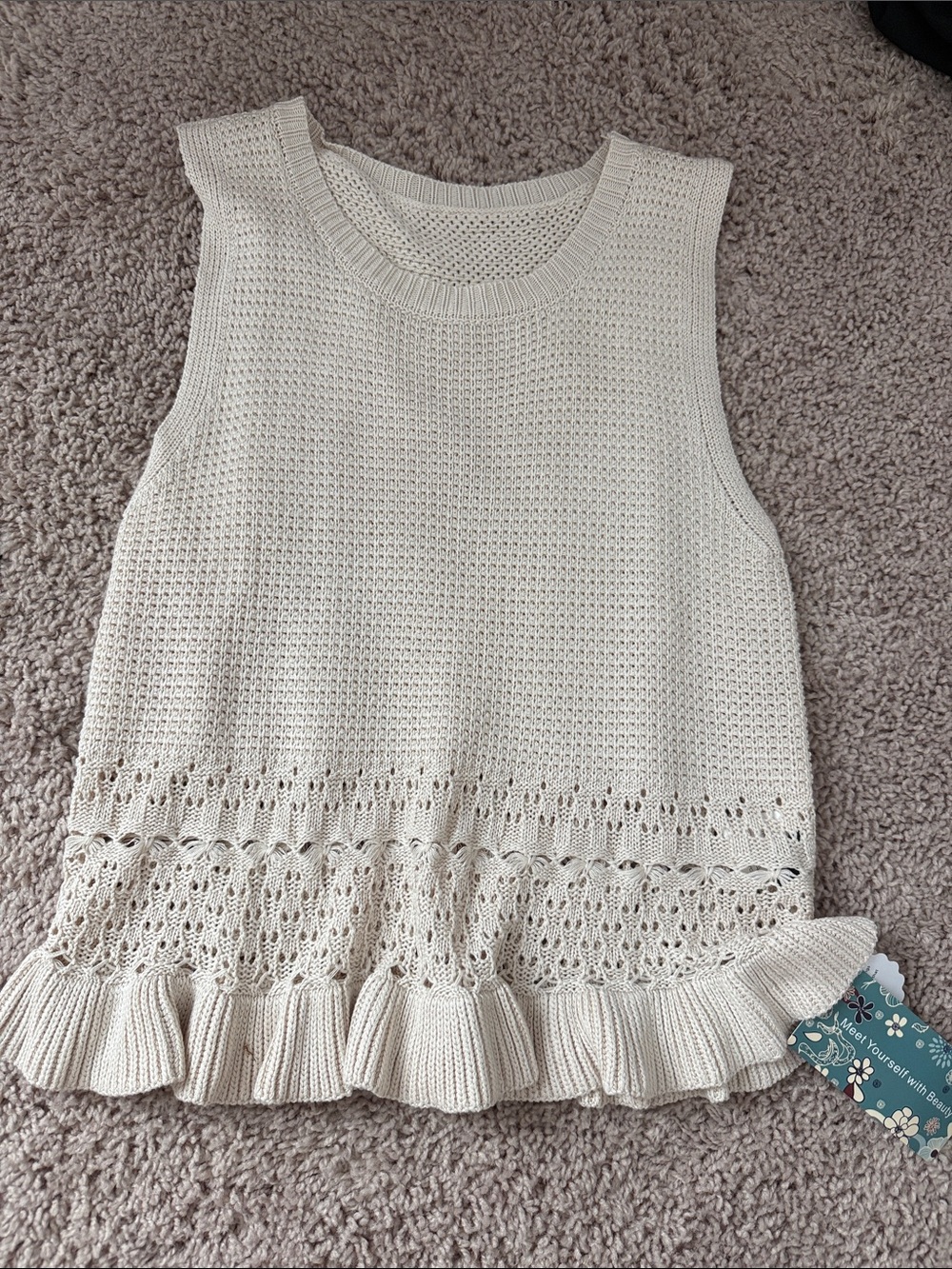 Women’s Cream Crochet Knit Ruffle Hem Tank Top